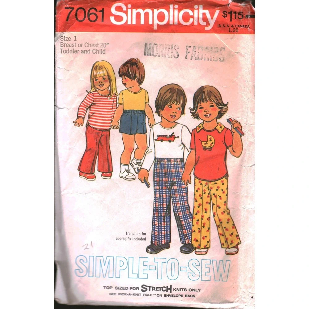 Vintage 1975 Simplicity 7061 Toddler Kids Top Pants Shorts Sewing Pattern Size 1